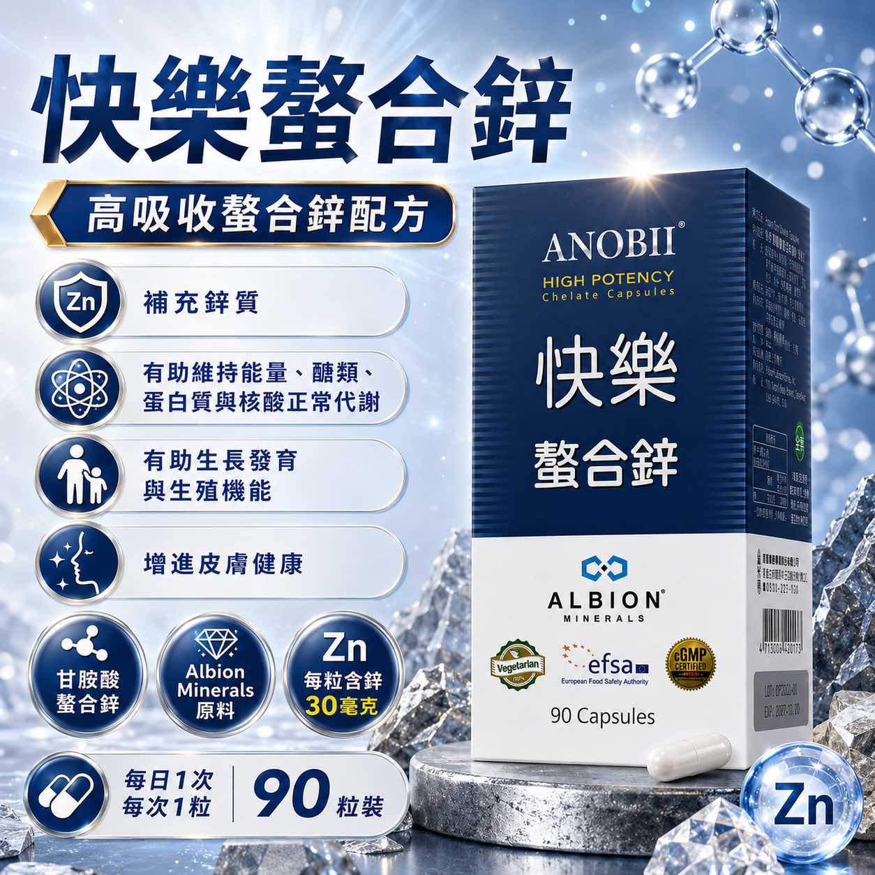快樂胺基酸螯合鋅膠囊 90粒/盒